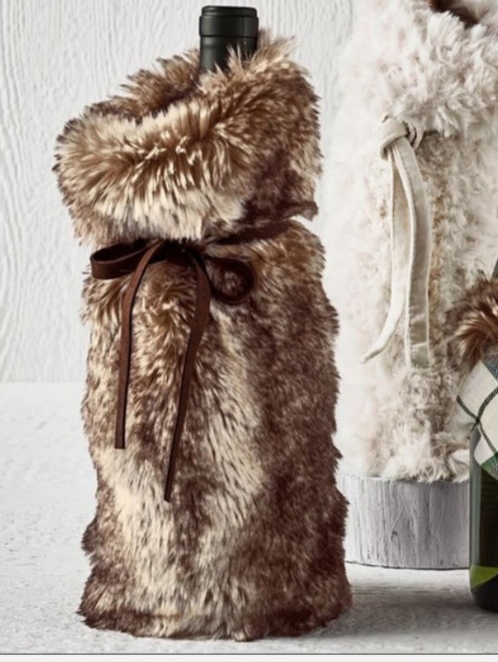 Pottery Barn Faux Fur Wine Cozy Gift Bag